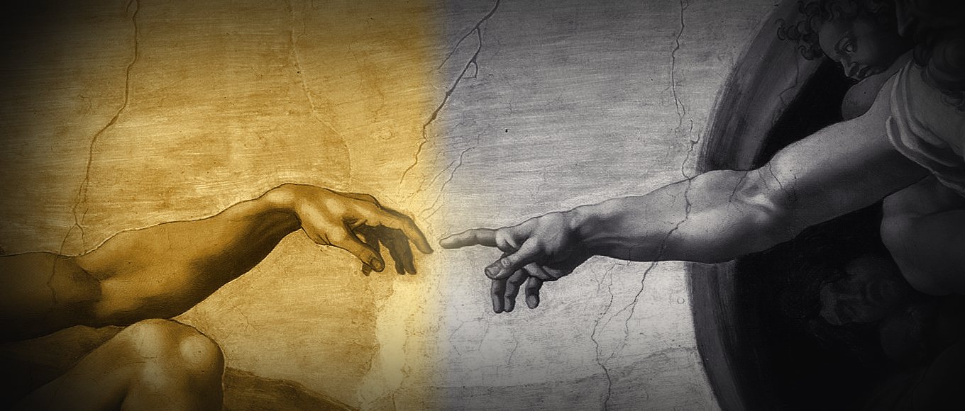 The hands from Michelangelo's Creation of Adam, one side turned to gold